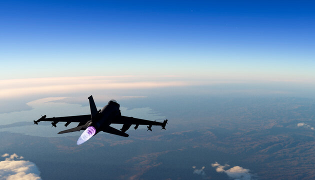 Silhouette of a fighter jet flying high in the blue sky