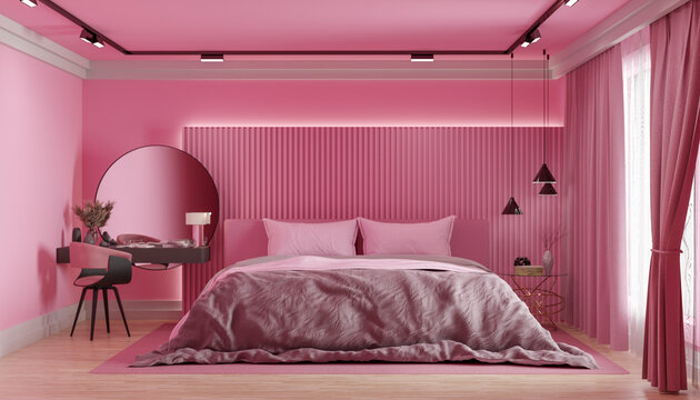 Modern pink minimalistic bedroom interior with bed and mirror