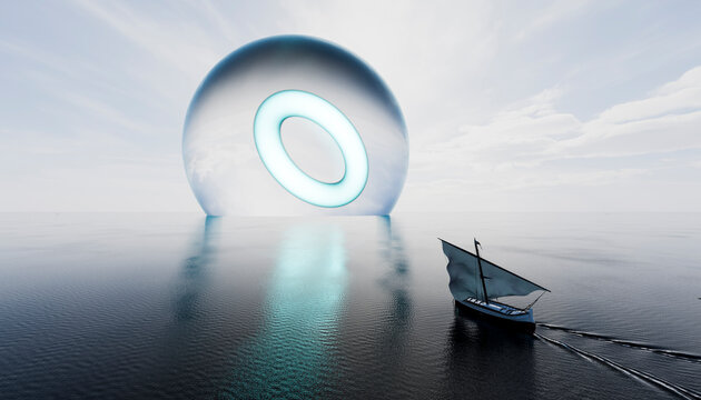 Sailboat navigating towards a glowing surreal sphere on the ocean