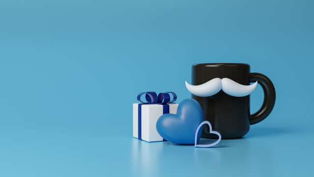 Love for happy father s day with frame and blue heart. Concept for Father's day. Gift box along with some festive decorations. Concept of sending love and surprise for dads. 3D rendering illustration