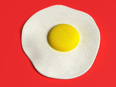 3D rendering of a knitted fried egg on red background