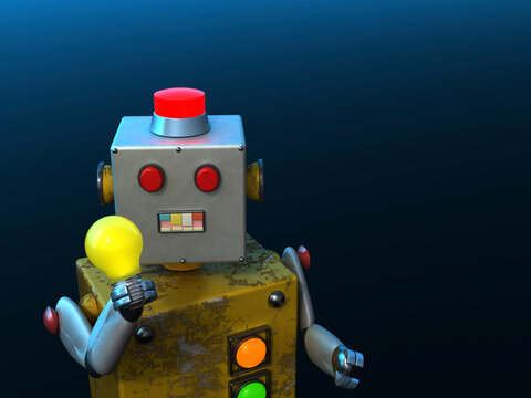 3D rendered retro robot holding a glowing lightbulb showing idea