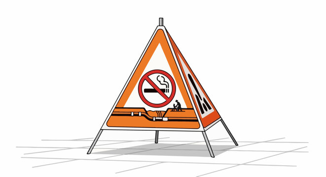 Warning sign with no smoking symbol, construction zone imagery, and warning stripes