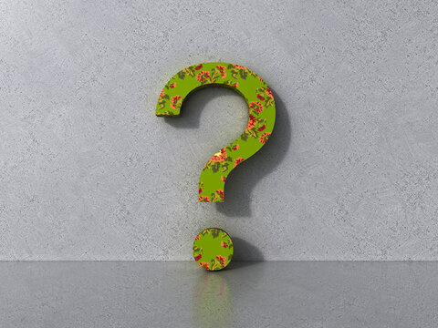 3D floral question mark leaning against a concrete wall