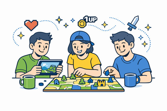 Friends enjoying leisure time playing board games and digital games