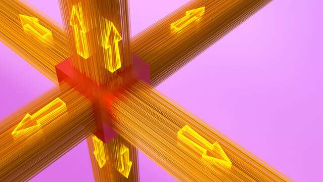 3D rendering of glowing arrows pointing in different directions