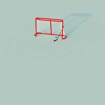 3D rendering of ice hockey goal with stick and puck
