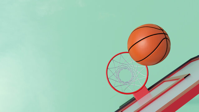3D rendering of a basketball near a hoop with copy space