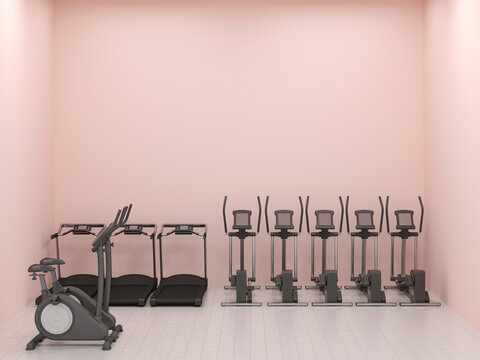 Empty pink gym room with cardio training equipment