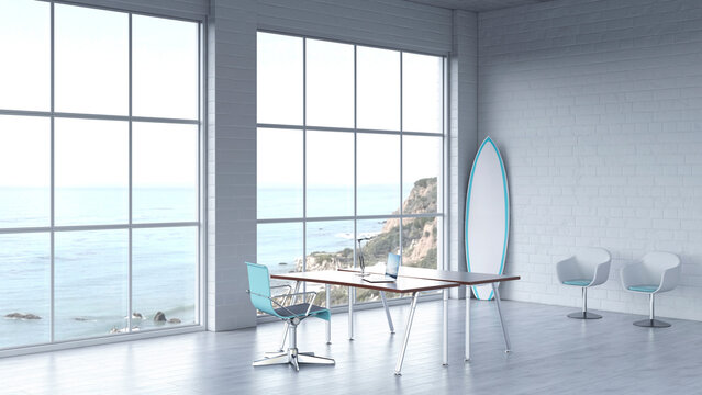 Modern office interior with ocean view and a surfboard