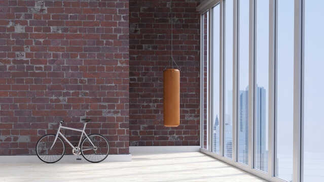 3D render of a loft apartment with a punching bag and bicycle