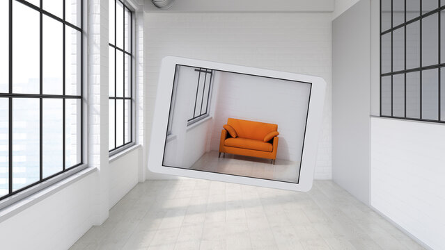 Tablet showing an augmented reality couch in an empty room