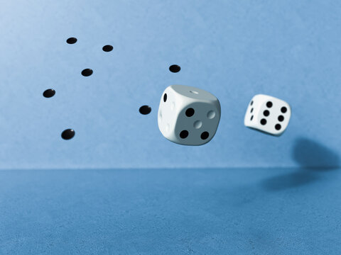 3D rendering of falling dice losing points on blue background