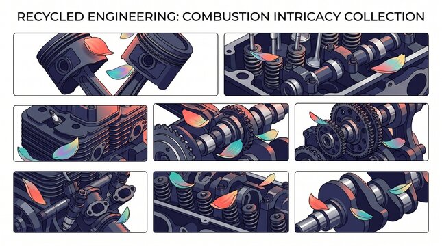 Recycled Engineering: Combustion Intricacy Collection, detailed engine parts illustration set, mechanical components, automotive design elements, industrial technology vector graphics