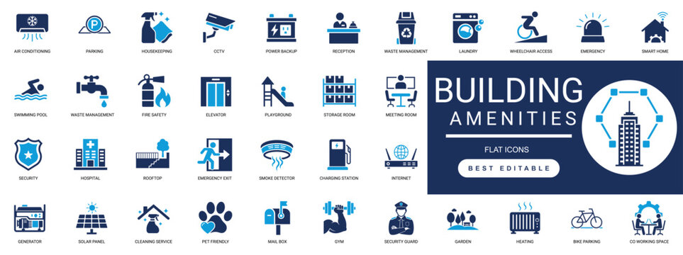 Building Amenities Solid Icon Set. Real Estate, security ,  Facility, Apartment, Services, Lifestyle, Property, Modern, Management, Resident, Comfort. Editable Vector.