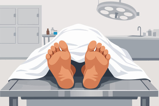 Deceased body lying on an autopsy table in morgue room, showing feet, representing death and post-mortem examination