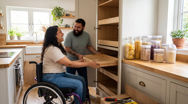 Couple installing pullout pantry shelves in accessible kitchen showing home renovation teamwork disability inclusion independent living storage planning for aging in place services