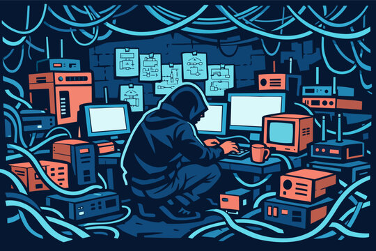 Hooded person using multiple computers in a messy server room, engaging in cybercrime or network security activities
