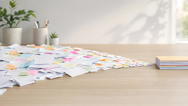 Scattered papers narrowing into one neat organized stack