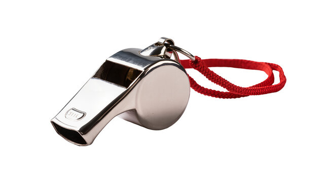 Silver metal referee whistle with red lanyard and metal chain