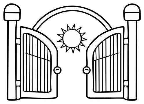 Open Gate with Sun Drawing: Entrance Illustration for Coloring Books or Creative Design Projects