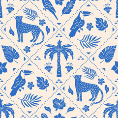 Obraz premium Tropical boho seamless pattern with palm tree, bird, leopard, flowers and leaves. African damask ornament. Hand drawn wild animals and exotic plant. Summer mosaic ethnic print. Vector illustration.