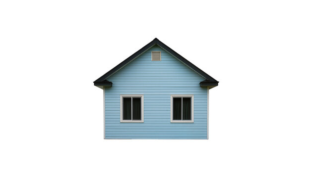 Light blue wooden house with gable roof and two windows