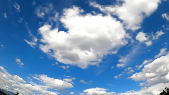 A mesmerizing hyper-real time-lapse video with a subtle push-in, showing fluffy white cumulus clouds forming, evolving, and drifting across a vibrant blue sky with a low horizon, highlighting