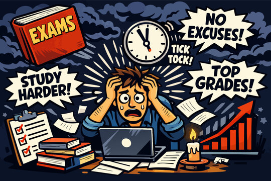 Student experiencing academic stress and anxiety from overwhelming exam pressure