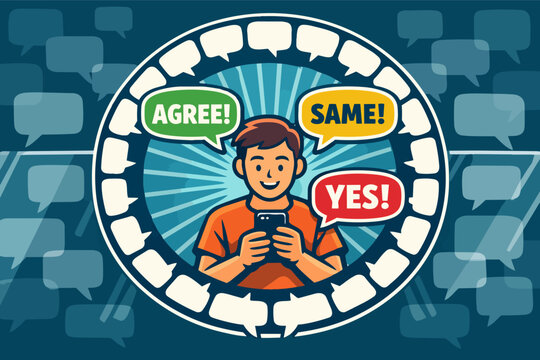 Man receiving positive feedback in an echo chamber online on social media