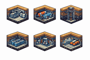 Obraz premium Isometric pixel art underground facility rooms set with server and mechanical systems