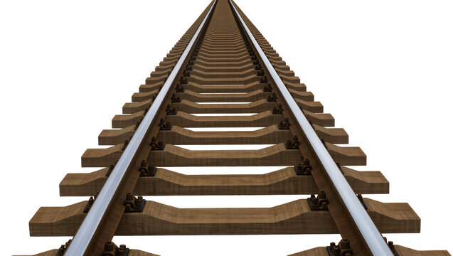 Straight railway track with wooden sleepers and steel rails