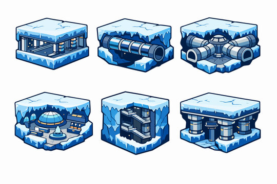 Isometric arctic base game assets showing underground science laboratory and ice bunker parts