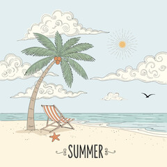 Obraz premium Tropical beach paradise a relaxing summer scene with palm tree and lounge chair