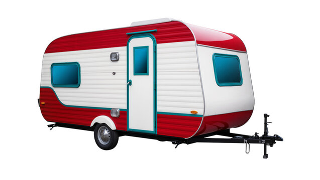 Red vintage camper trailer with turquoise trim and small windows