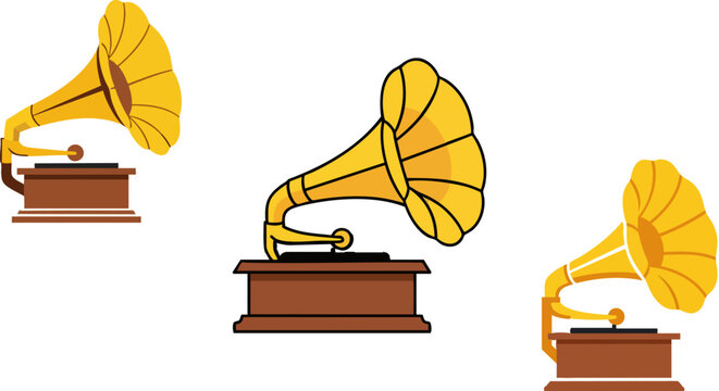 Vintage gramophone vector set, antique gold record player icons, retro music phonograph with brass horn, classic audio equipment illustrations