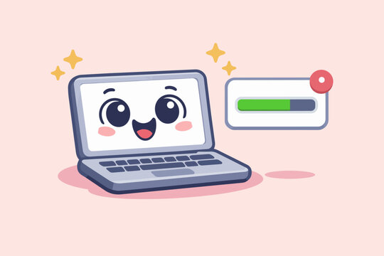 Kawaii laptop character happily seeing a new notification with a progress bar