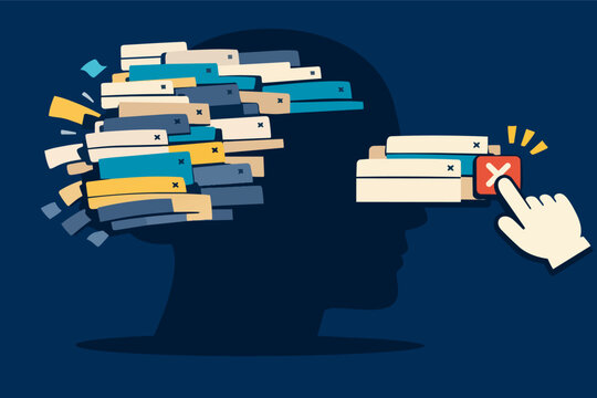 Person clearing mind, removing digital overloads and mental clutter from notification pile