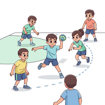 Children playing handball on indoor court in animated style. Youth handball court play.  