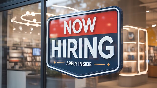 Now hiring sign on retail storefront window with modern shop interior