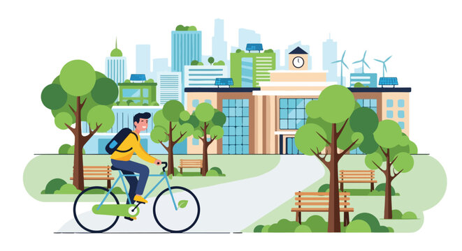 Illustration of a man riding a bicycle through a park with trees and buildings in the background, conveying an ecofriendly urban scene.