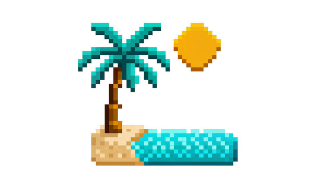 Pixelated Palm Tree Island with Yellow Sun and Blue Water