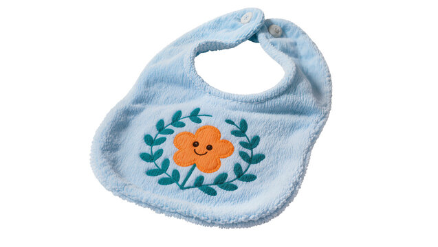 Soft Blue Baby Bib with Embroidered Orange Flower and Green Leaves