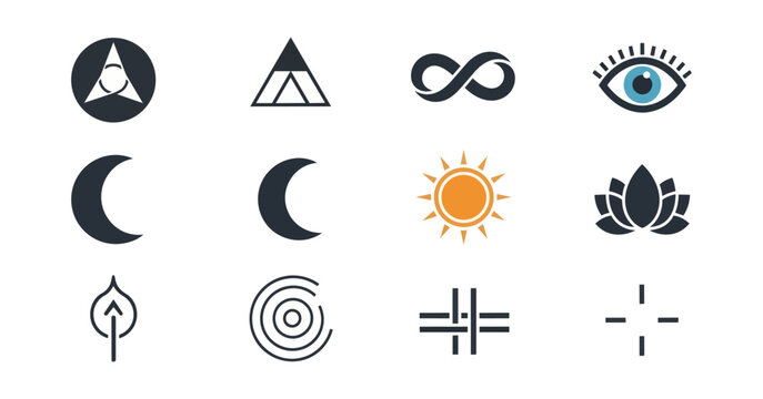 Abstract geometric symbols set against black backdrop