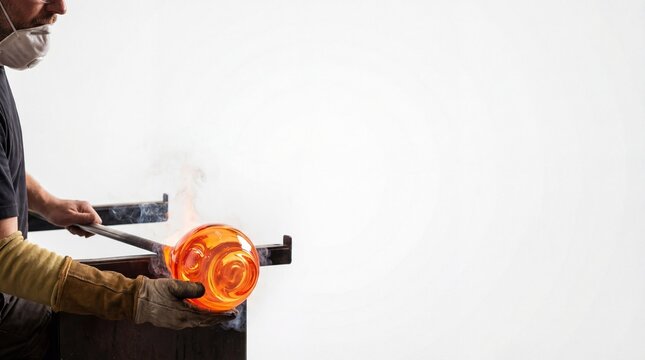 Glassblower shaping molten glass with a blowpipe in a workshop studio
