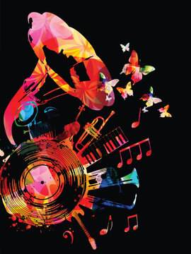 Music background with colorful music instruments and vinyl record disc vector illustration. Music festival poster with double bell euphonium, violoncello, trumpet, piano, euphonium, sax and guitar