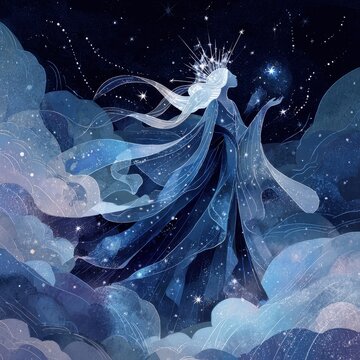 Celestial Star Maiden: a moonlit goddess illustration with flowing galaxy robes and a radiant star crown