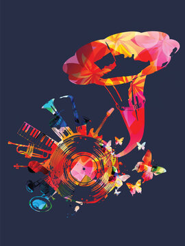 Music background with colorful music instruments and vinyl record disc vector illustration. Music festival poster with double bell euphonium, violoncello, trumpet, piano, euphonium, sax and guitar