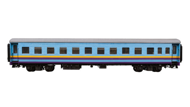 Blue and Yellow Passenger Train Car with Black Chassis and Windows