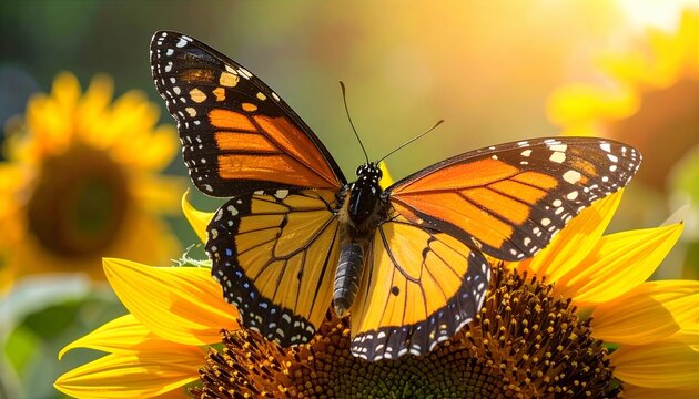 Nahaufnahme eines Monarchfalters, der auf einer sch&ouml;nen bl&uuml;henden Sonnenblume sitzt.